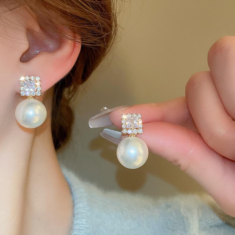 Wind zircon round square water drop imitation pearl silver needle earrings French earrings