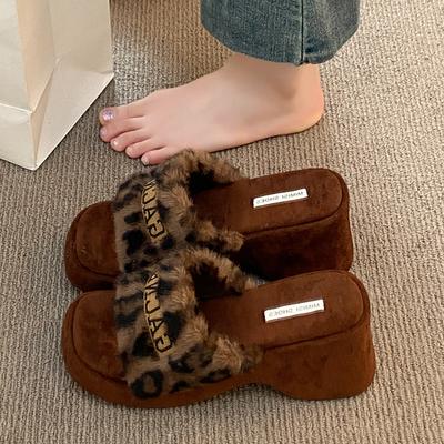 Futrzane Szpilki Damskie Kapcie Lampart Eleganckie Buty Sandały na Obcasie Jesień Luksusowe Klapki Imprezowe Szpilki Śnieg Damskie Buty