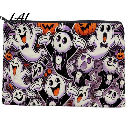 Holiday Themed Storage Pouch Halloween Bag with Colorful Cartoon Ghost Print Durable Canvas Bag Makeup Zipper Large Capacity Lightweight Travel A