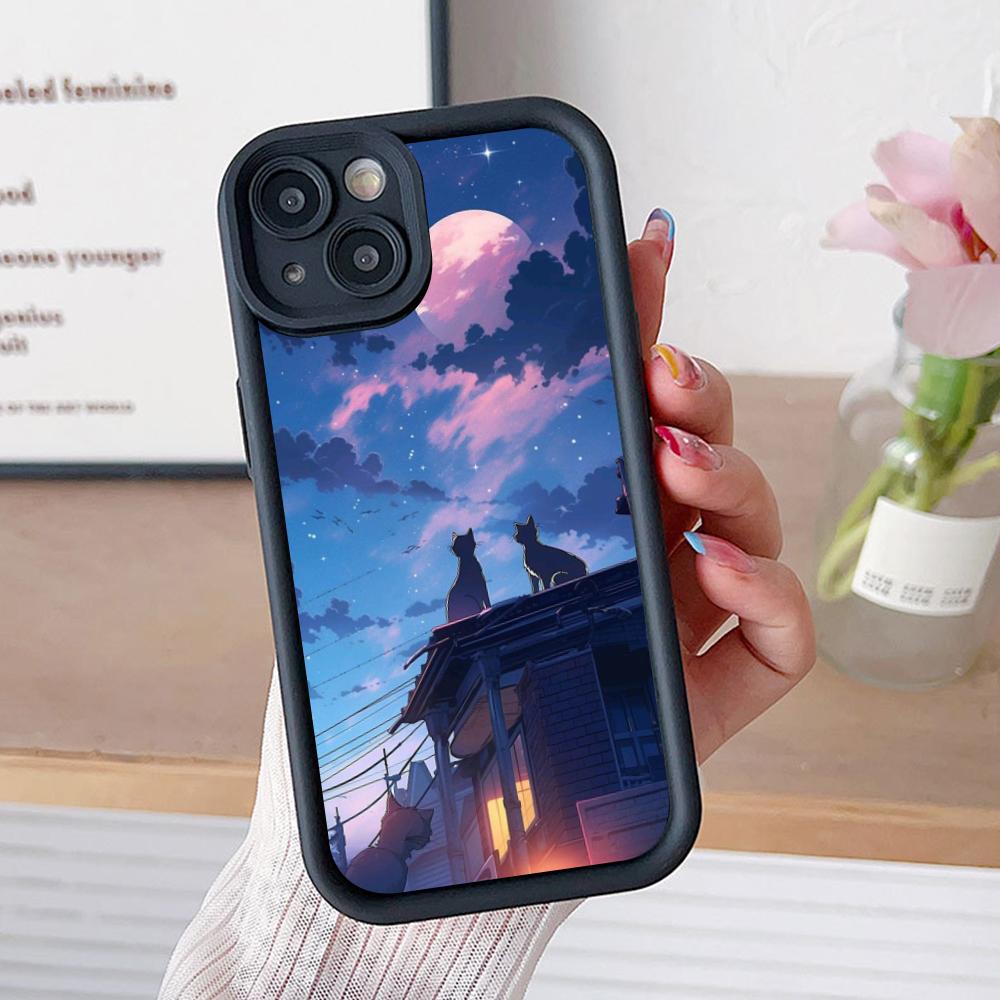 

Luna Moon Cat Mobile Phone Case for iPhone 17 16 15 14 13 12 11 Air Pro Max Plus Thicken TPU Colorful Cover Smartphone Luxury iPhone 12