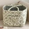 Floral Pattern Quilted Cotton Storage Basket Foldable Lightweight with Handles for Home Laundry Toy Organization