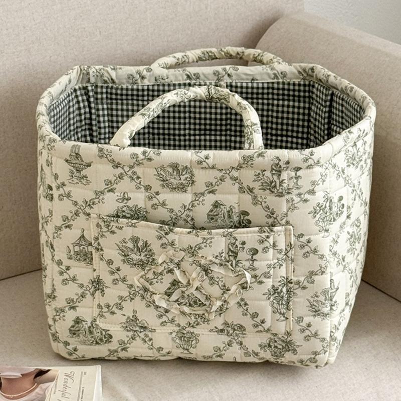 Floral Pattern Quilted Cotton Storage Basket Foldable Lightweight with Handles for Home Laundry Toy Organization