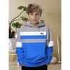 Boys' color blocked hooded sweatshirt with simple mountain pattern design in gray, blue, and white stripes