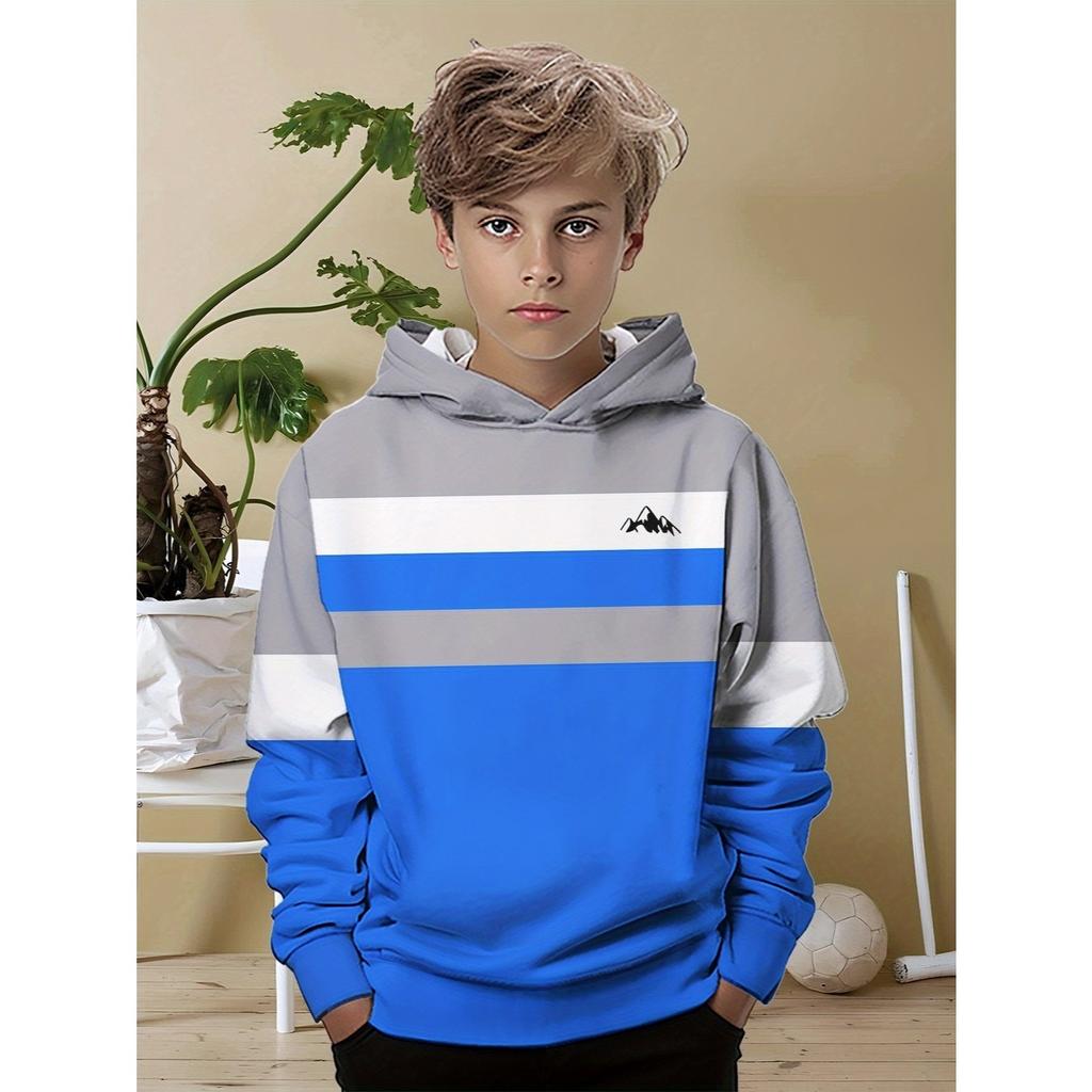 Boys' color blocked hooded sweatshirt with simple mountain pattern design in gray, blue, and white stripes