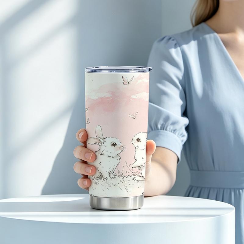 591ml Car Tumbler(1 Random Straw Included)Rabbit Butterfly Plant MotifOutdoor Portable Cup Straight Travel Mug Large Iced Cup 591ml Car Tumbler