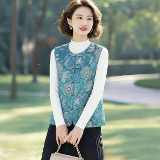Spring & Autumn Chinese-Style Retro Vest for Middle-Aged & Elderly Women - Plus Size, Loose Fit 3XL синий
