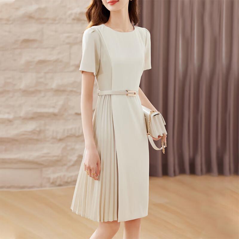 Sentubila Design-inspiriertes Patchwork-Kleid, Sommerliches elegantes Faltenrockkleid, Kleines Midikleid, Aprikosenfarbe