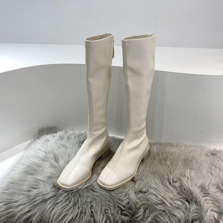 Rear zipper velvet boots 2023 new square-headed knight boots white versatile high boots women's thin boots