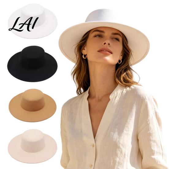 Polyester Warm Winter Cap Flat Top Fedora Hat Wool Blend Derby Cap Retro Jazz Elegant Headwear Wide Brim Felt Hat for Women Events & Daily