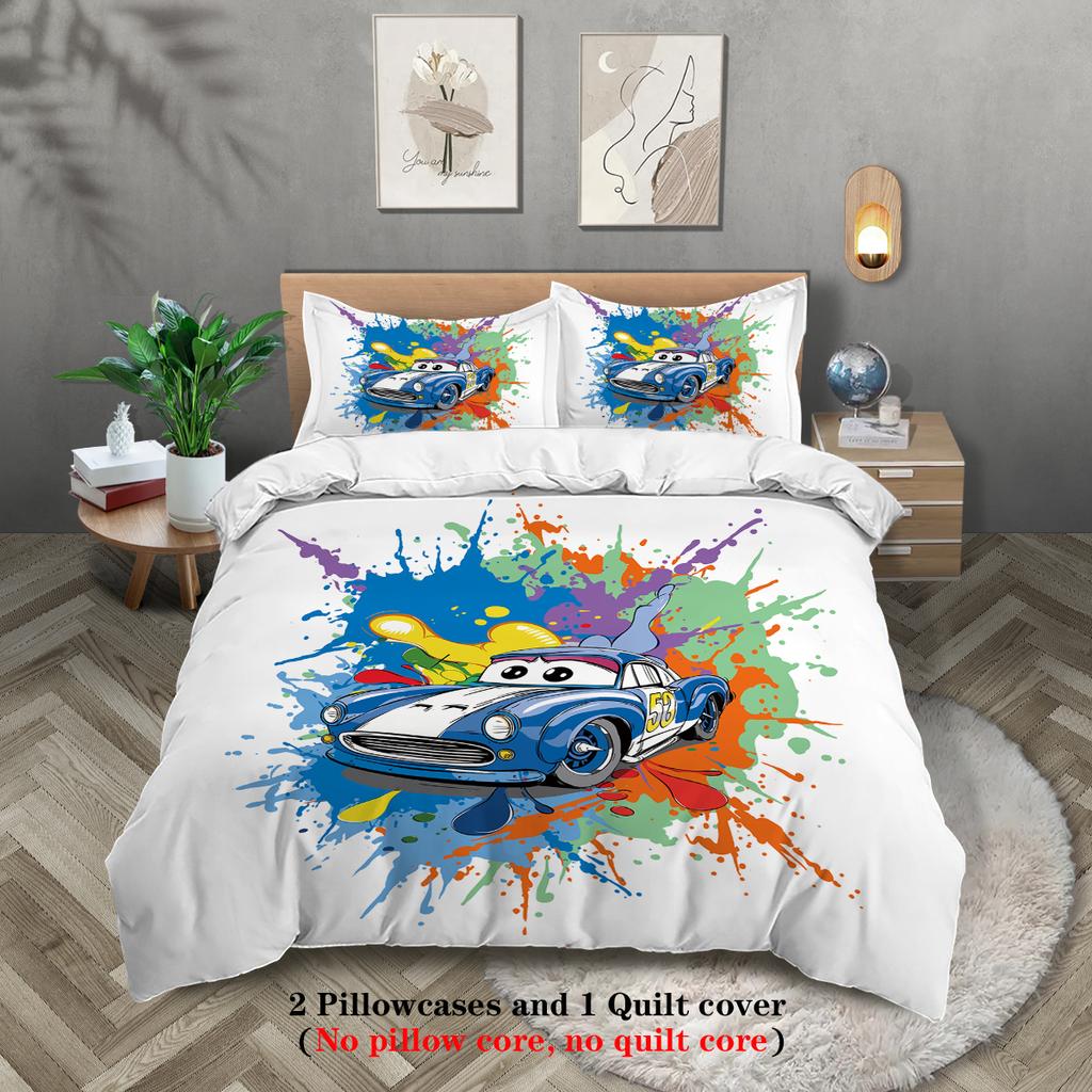 3-teiliger Daunenbettbezug mit Cartoon-Rennmusterdruck (1 Bettbezug+2 Kissenbezüge, ohne Füllung) Bettwäsche-Set