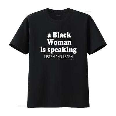 Camiseta negra para hombre con texto "A Black woman is speaking listen and learn", lavada vintage, transpirable, top para uso diario, ligeramente informal