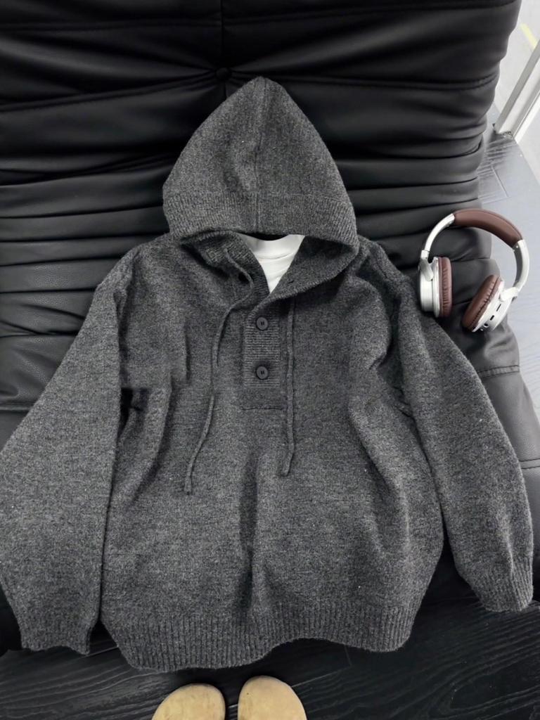 Men's Deep Gray Heavyweight Hooded Henley Pullover Knitwear - Autumn/Winter High-End Outerwear