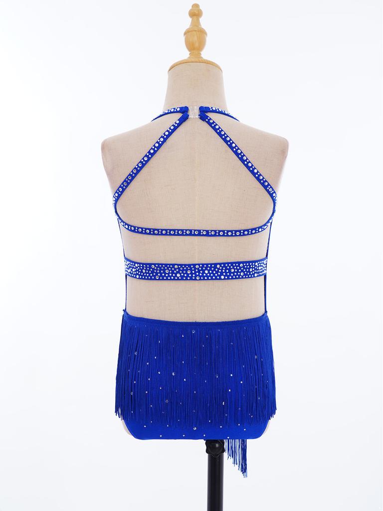 Mädchen Latin Dance Kostüm Ärmellos Neckholder V-Ausschnitt Rückenfrei Glänzend Strasssteine Quasten Leotard