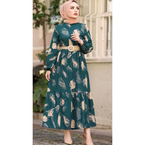 Fırça Desen Kemerli Tesettür Elbise