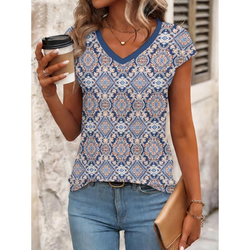 

Ethnic style printed V-neck T-shirt cool in summer S