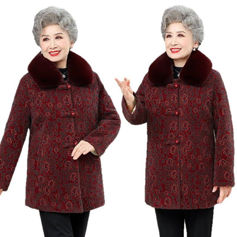 Old Lady Winter Woolen Coat Plush Thickened New Grandma Clothing Autumn and Winter Woolen Coat Mother Clothes
