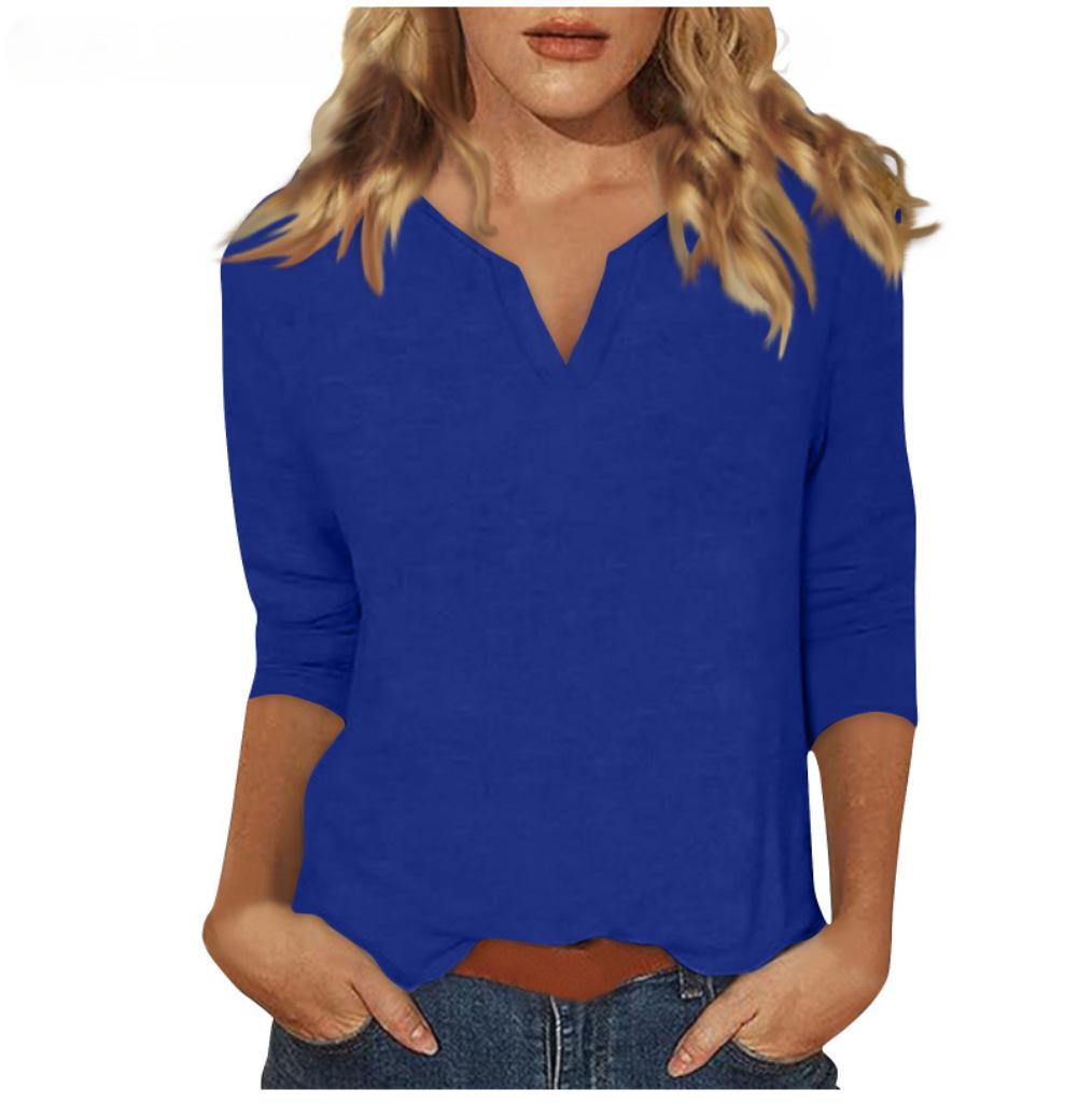 2025 Women's V-Neck 7-Point Sleeve Solid Color T-Shirt