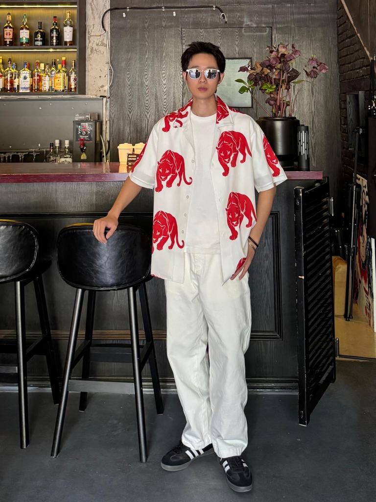 CHANGE WELL 2025 Streetwear Casual Short Sleeve Open Collar Leopard Animal Print Aloha Shirt Men's Spring/Summer (White, XL)