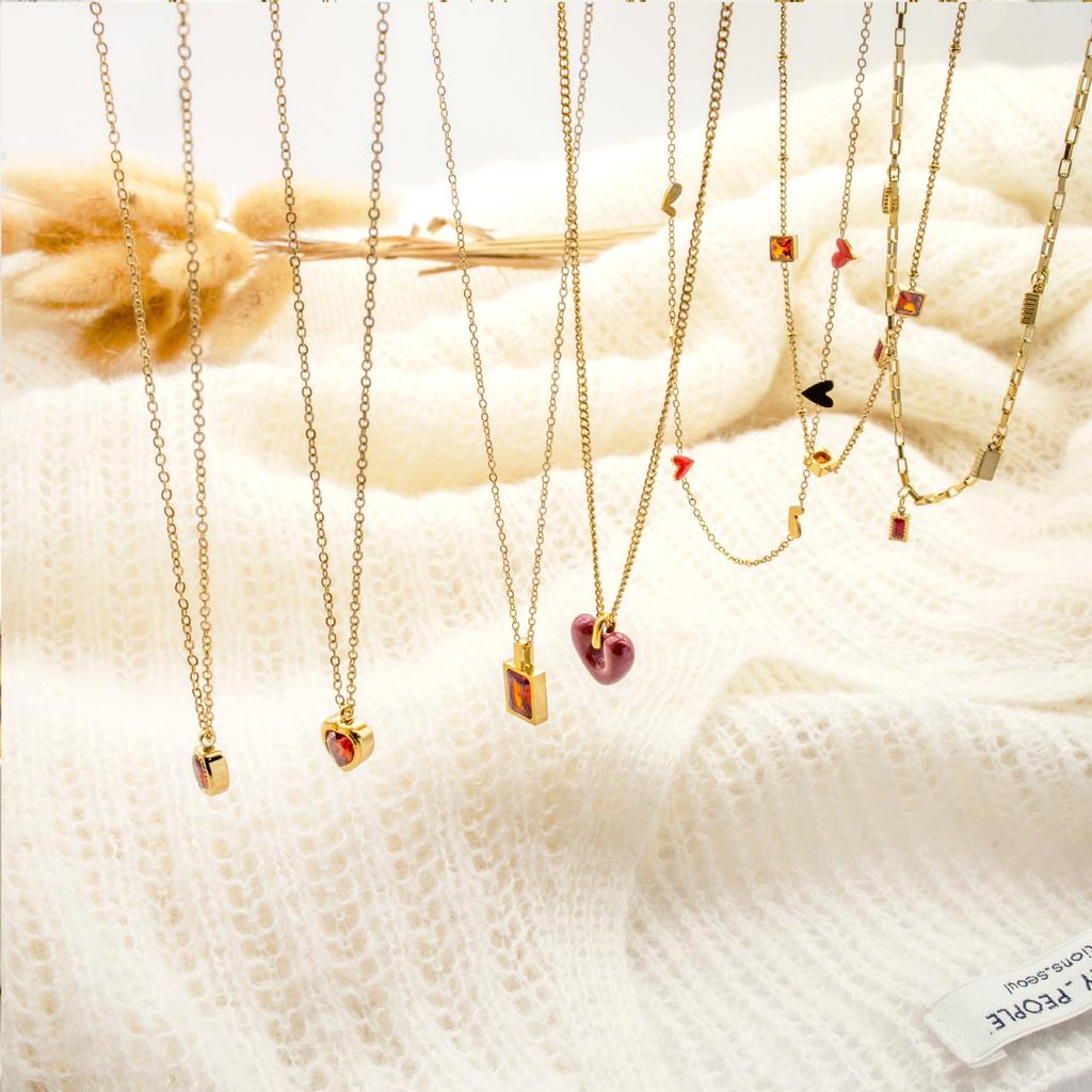 XL442 18K Gold Plated Stainless Steel Necklaces, Red Cubic Enamel Pendant Necklaces, Hypoallergenic Dainty Jewelry for Women