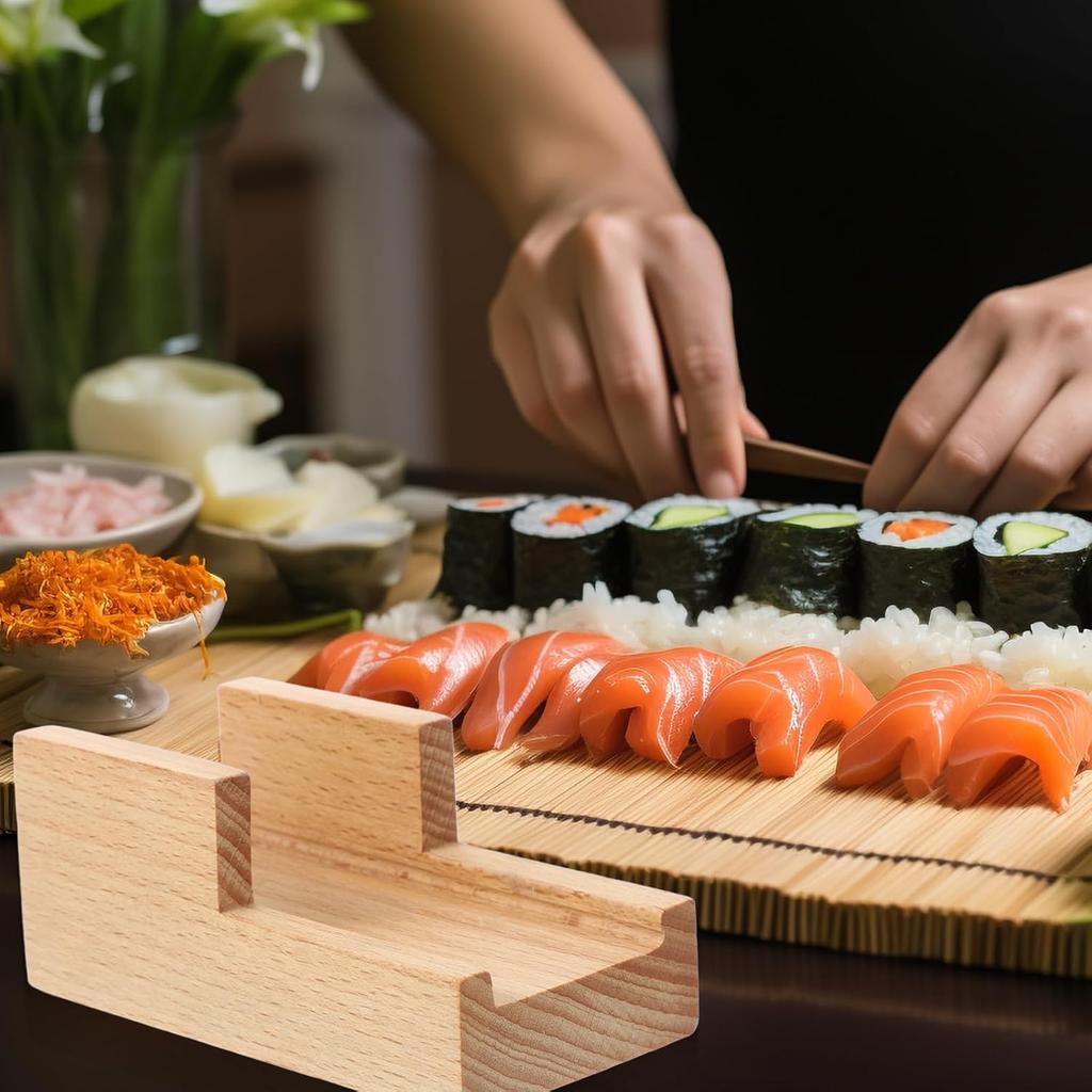 Amosfun Japanese Wooden Sushi Holder - Traditional Sushi Rack Taco Holder for Home Restaurant Party Use 3.54 X 1.96 X 1.57 Inches