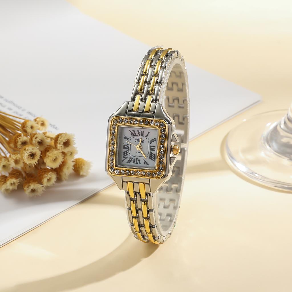 Damen leichte Luxus modische römische Ziffern quadratisches Zifferblatt Stahlarmband Quarz Uhr.