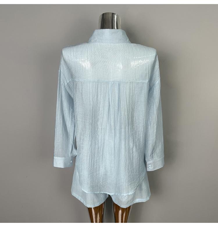 Korean Dongdaemun Fashion Casual Solid Color Slimming Long Sleeve Shirt & Shorts Set Women's Trend