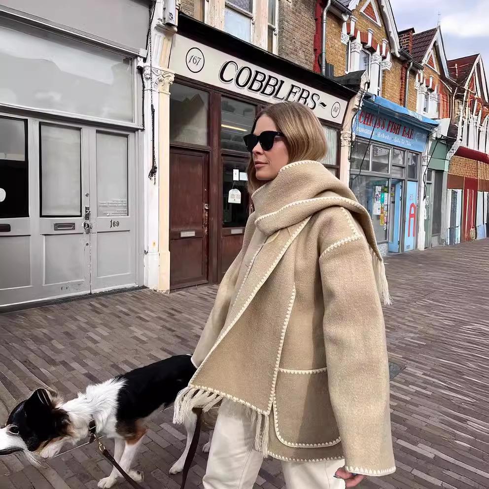 2023 Autumn/Winter Women's Wool Coat with Scarf & Tassels - European & American Style, Thick & Loose.