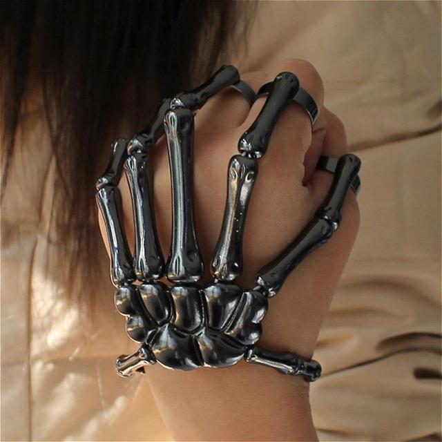 New Unique Punk Skeleton Hand Bone Versatile Five Finger Ring Bracelet Adjustable One Chain Bracelet Halloween Bracelet Unisex