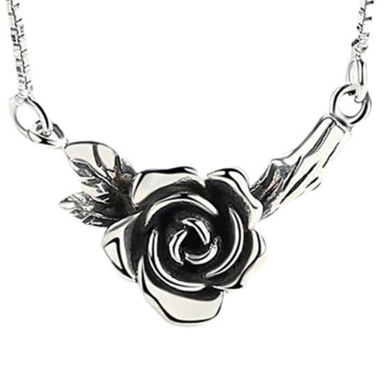 Women Necklace Vintage Floral Black Rose Stainless Old Design Neck Decoration Silver Color Smooth
