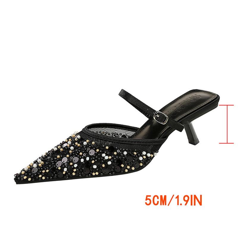 Fashion Fashion Pearls Sequined Rhinestones Women Pumps Summer Air Mesh Thin High Heels Mules Slides Elegant Slingbacks Party Lady Shoes
