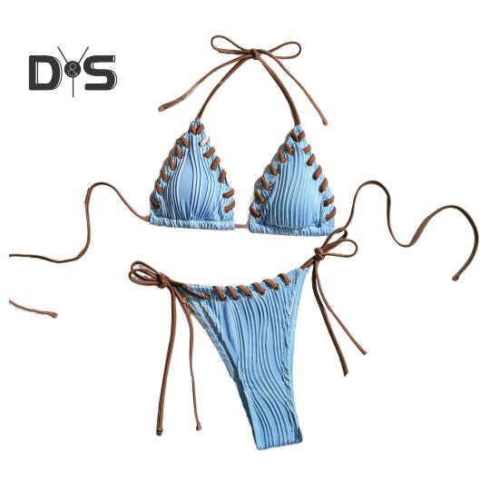 

2 шт./комплект женский комплект бикини сексуальный плиссированный пэчворк цветной бюстгальтер халтер высокая талия плавки комплект со шнуровкой пляжный купальник S