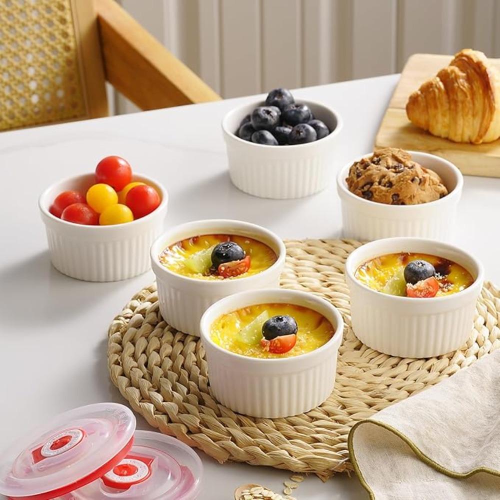 6pcs with Lid Dessert Cup Porcelain Pudding Cup Baking Bowl Steamed Egg Bowl Restaurants