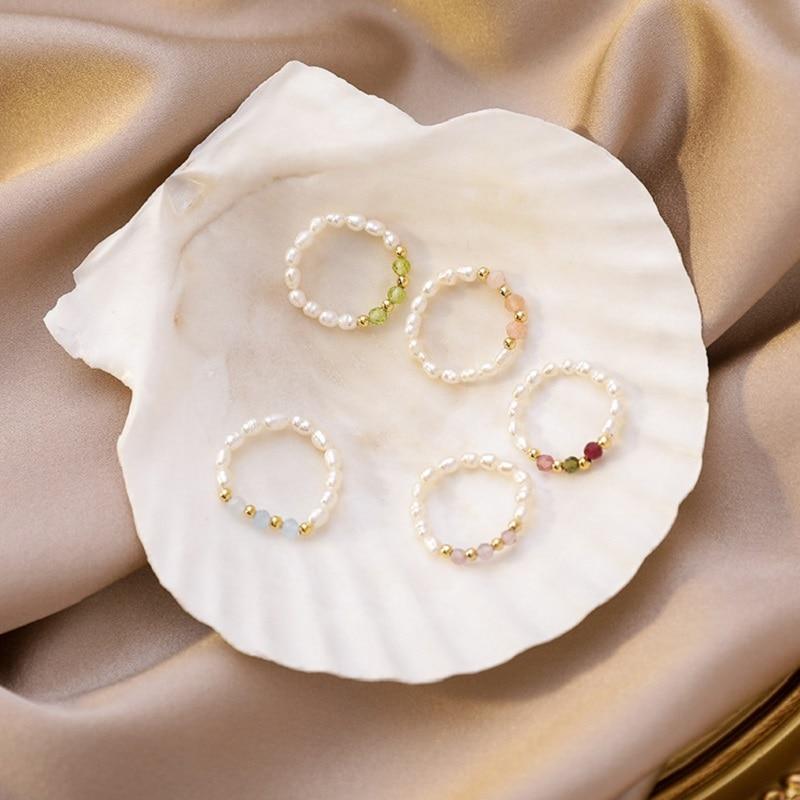 Kpop Adorable Multi Beaded Imitation Pearl Colorful For Women Crystalline Adjustable Rope Chain Rings Continuous Circle Minimalist RingCute Chain