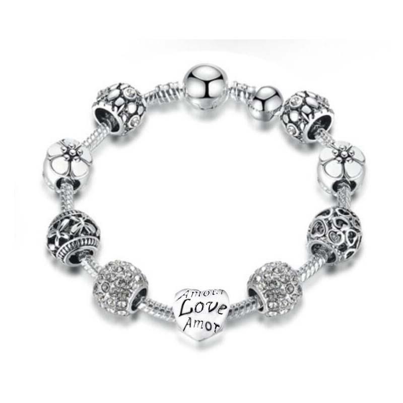 White Round Beaded Bracelet with Pandora DIY Drip Oil Large Hole Bead