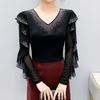 Spring Autumn Women's Ruffles Sleeve T-Shirt Elegant V-neck Tees Slim Ladies Tops With Rhinestone