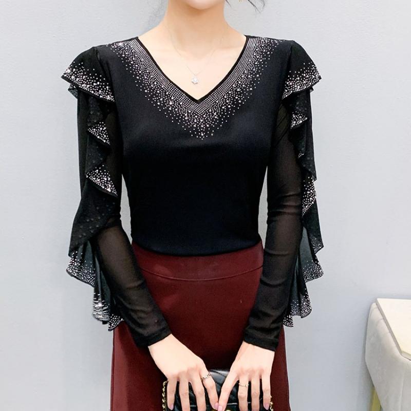 Spring Autumn Women's Ruffles Sleeve T-Shirt Elegant V-neck Tees Slim Ladies Tops With Rhinestone