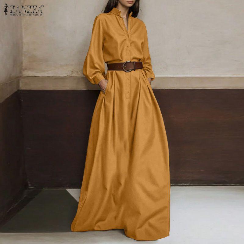 ZANZEA Elegant Women Stand Neck Puff Sleeve Buttons Slim Waist Casual Loose Long Pleated Dress