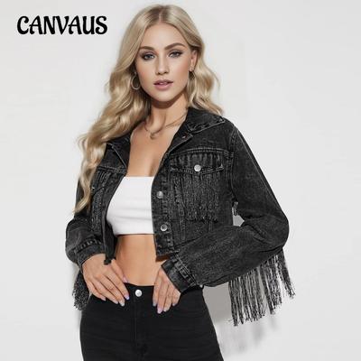 Spring and Autumn Denim Jacket Women's Fashion Fringe Splicing Jacket