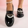 Fashion Pearl Metal Chain Loafers Woman Shoes Spring Autumn Black Platform Shoes Women Fashion Pu Leather Casual Shoes Loafers
