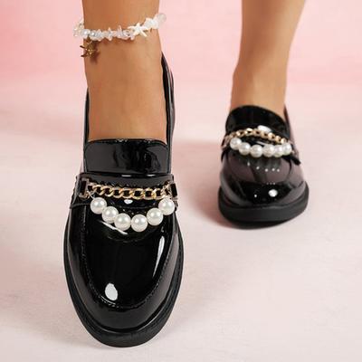 Pearl Metal Chain Loafers Woman Shoes Spring Autumn Black Platform Shoes Women Fashion Pu Leather Casual Shoes Loafers