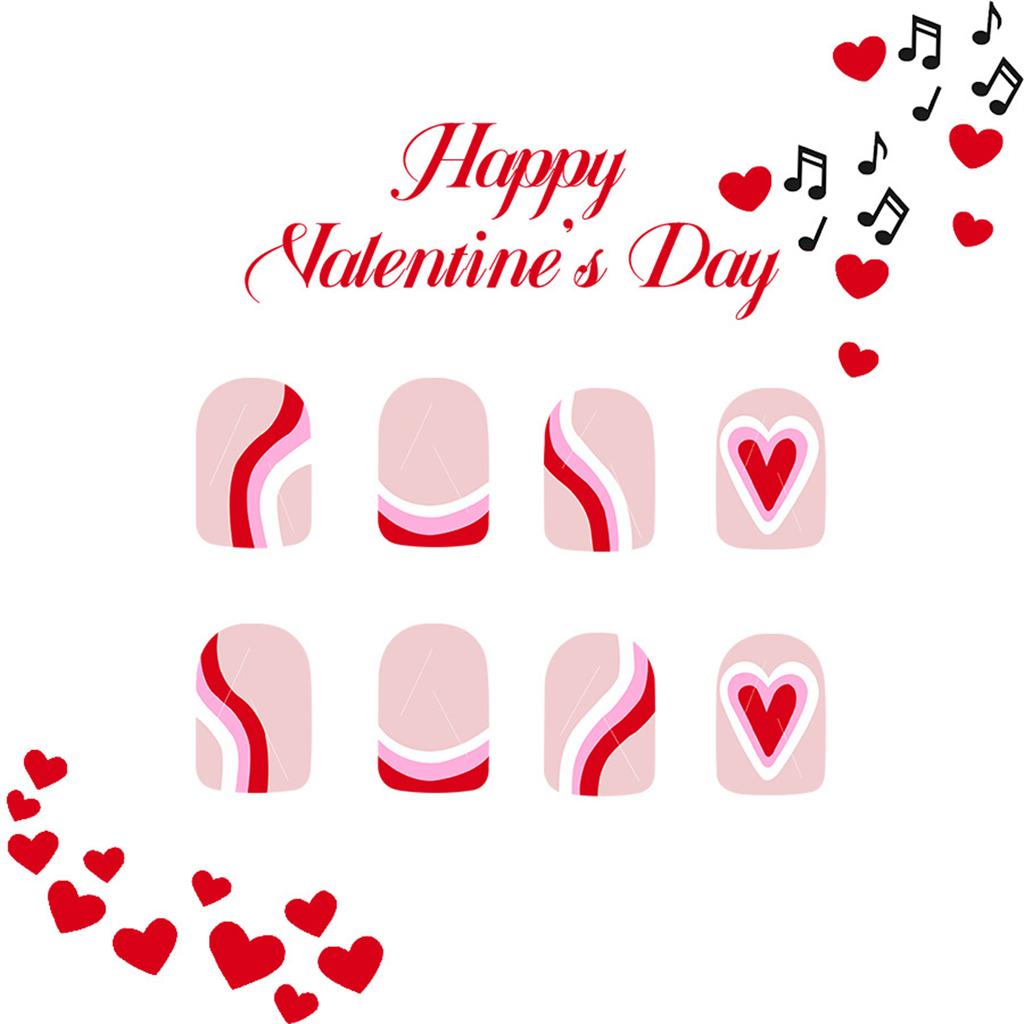 24 Pcs Valentines Day Press On Nail Short Square Festival False Nail Heart Stick On Nail French Tip Acrylic Nail