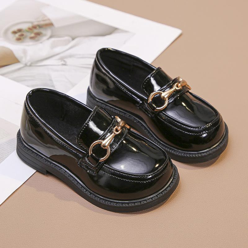 2025 Spring and Autumn Girls Black Leather Shoes Single Shoes Children's Princess Leather Shoes Boys British Style Small Leather Shoes Fashion Leathe
