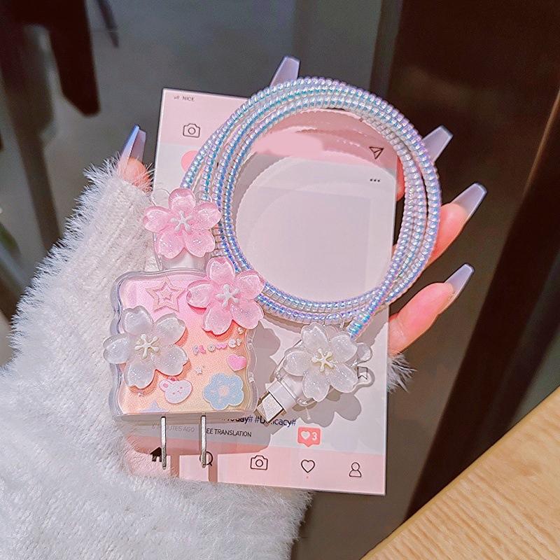 Flower Transparent Usb 20W Phone Charger Protective Case With Cable Winder Cover For Iphone Power Adapter Protector