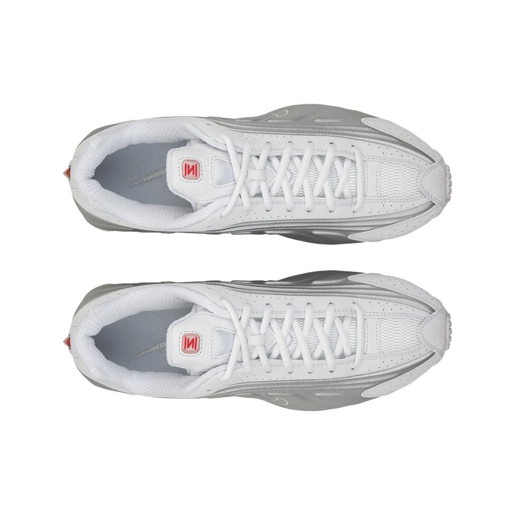 Nike Shox R4 Białe Metaliczne Damskie Sneakersy Metaliczno-Srebrne Max-Pomarańczowe AR3565-101