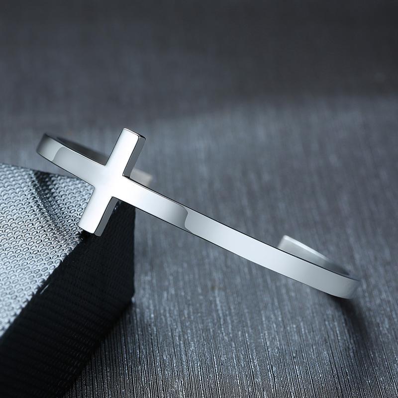 Vnox Stylish Cross Bangle for Women Men, Glossy Stainless Steel Cuff Bracelet, Unisex Religious Faith Jewelry