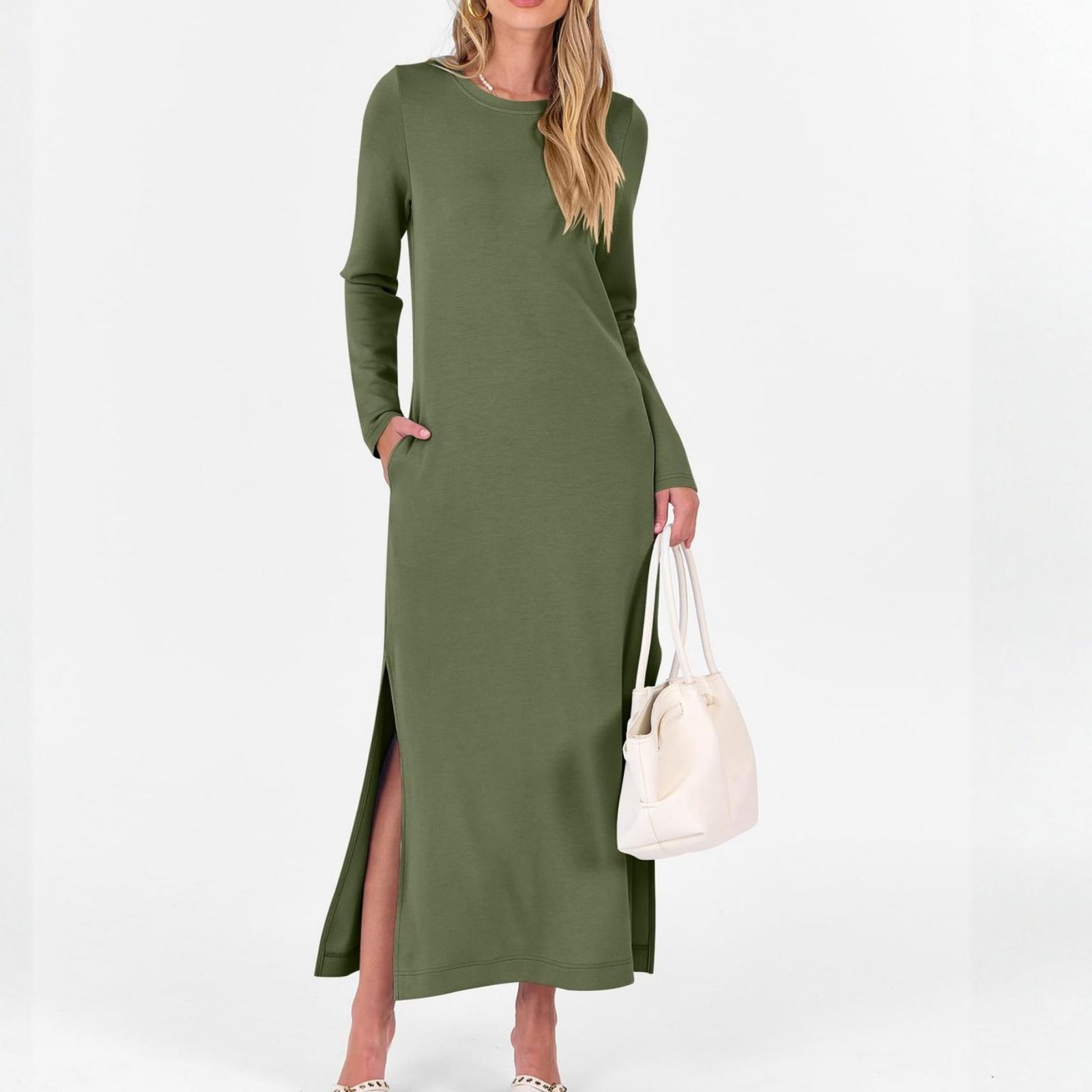 

Fashionable Women s Color Split Long Straight Dress With Double Pockets M