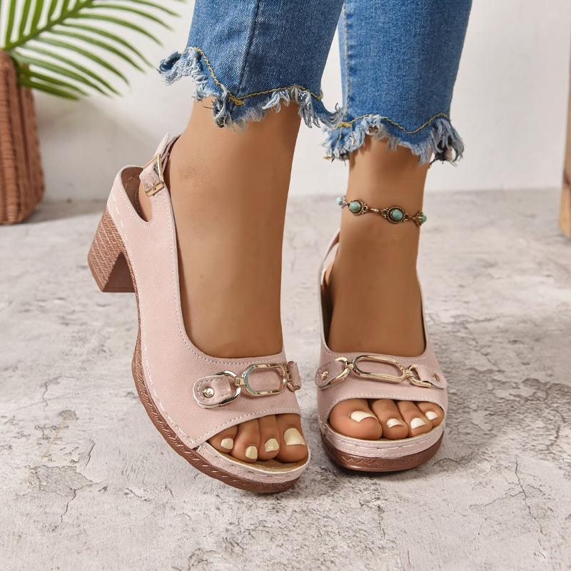 Women’s Peep-Toe Buckle Mid Heel Sandals Comfortable Summer Shoes