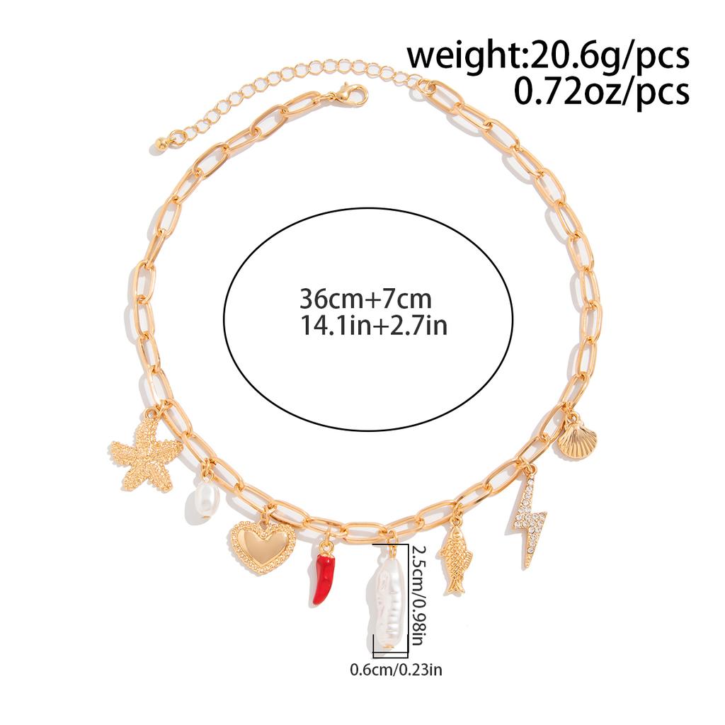 SHIXIN Starfish Conch Love Heart Imitation Pearl Red Chili Pendant Necklace Women Adjustable Clavicle Chain Summer Beach Jewelry