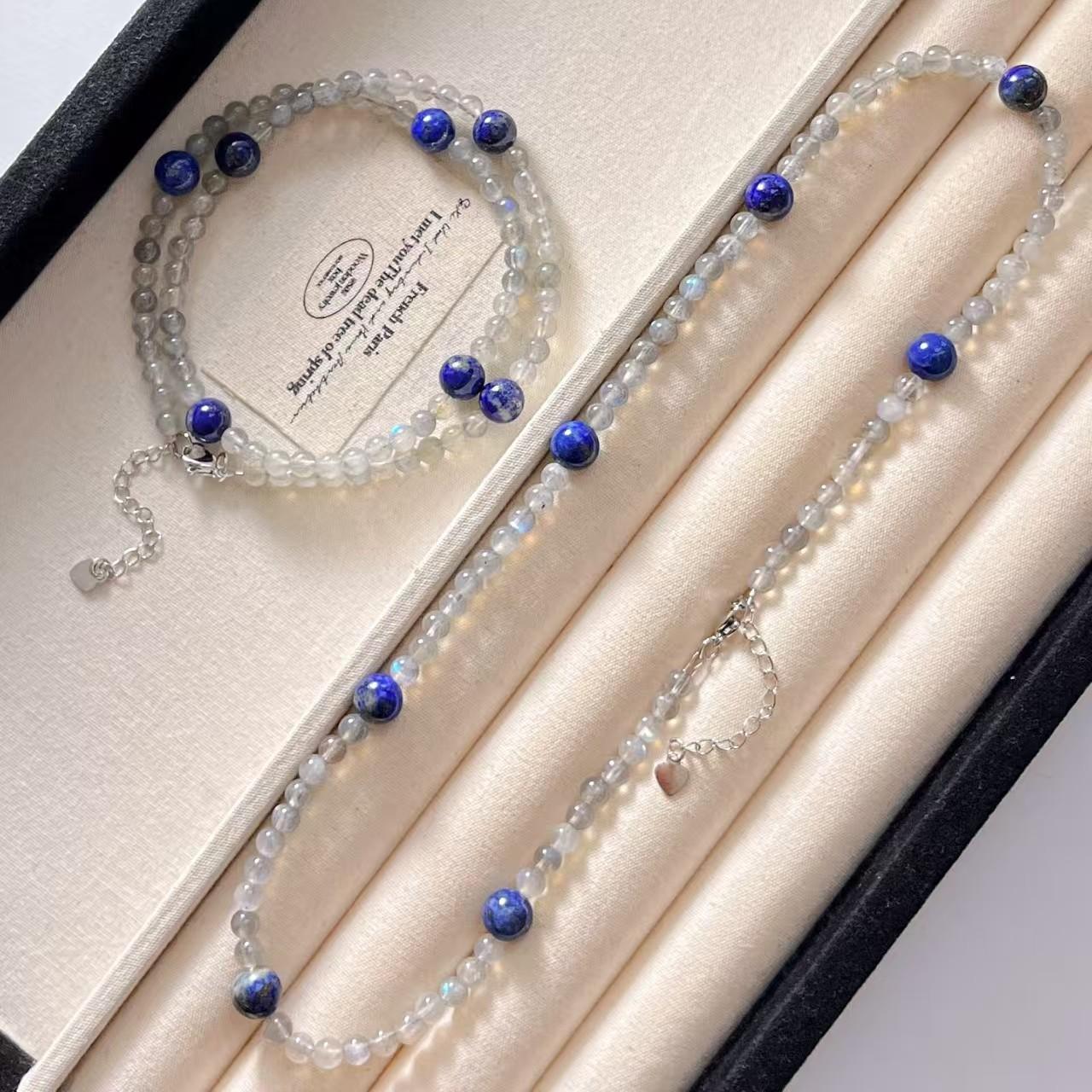 Vintage High Quality Natural Gray Moonstone Lapis Lazuli Gypsy Collarbone Chain Necklace