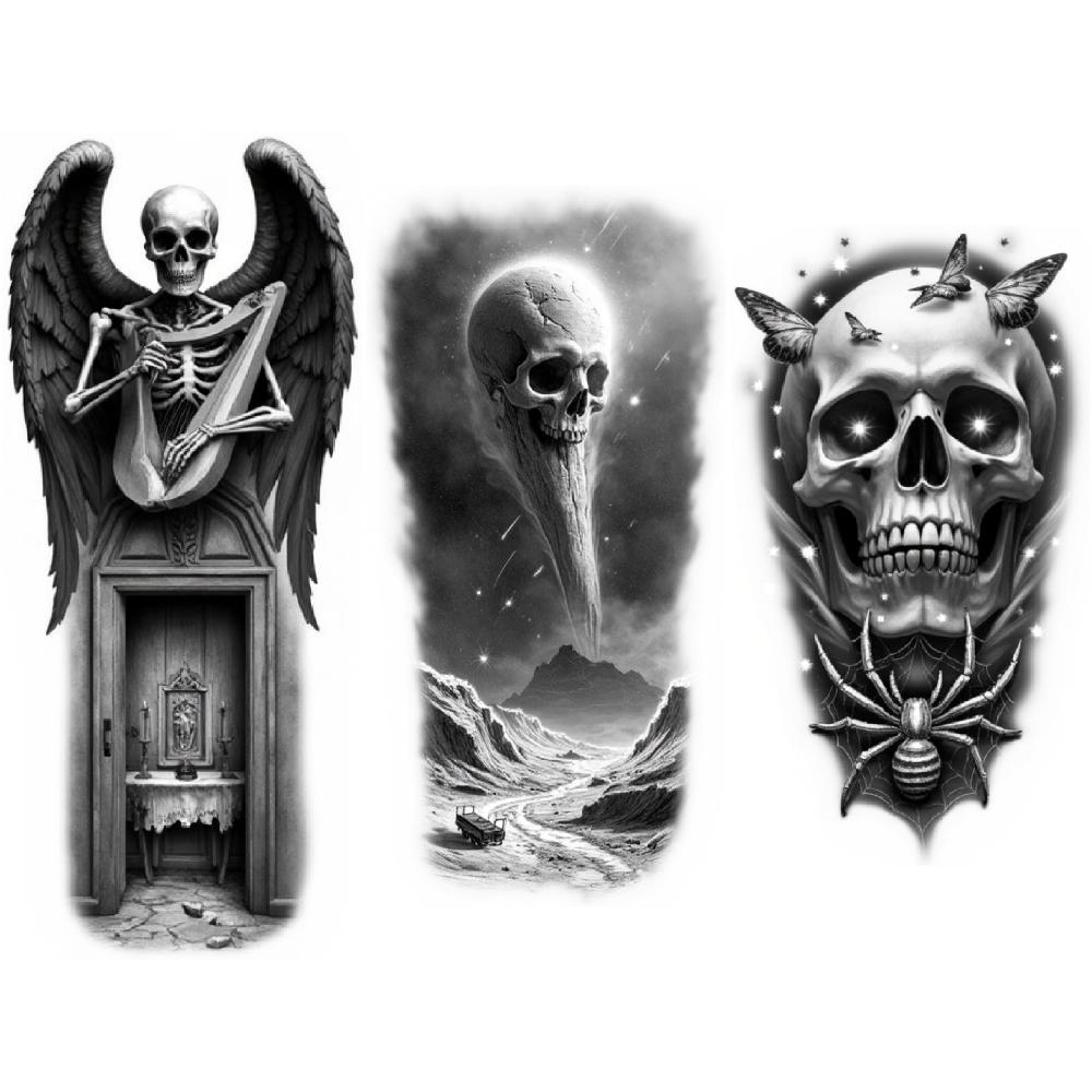 3 Stück Temporäre Tattoos Wasserdicht Langlebig Körperaufkleber Totenkopf mit Krähe Totenkopf mit Spinne und Portal Skelett mit Flügeln Für